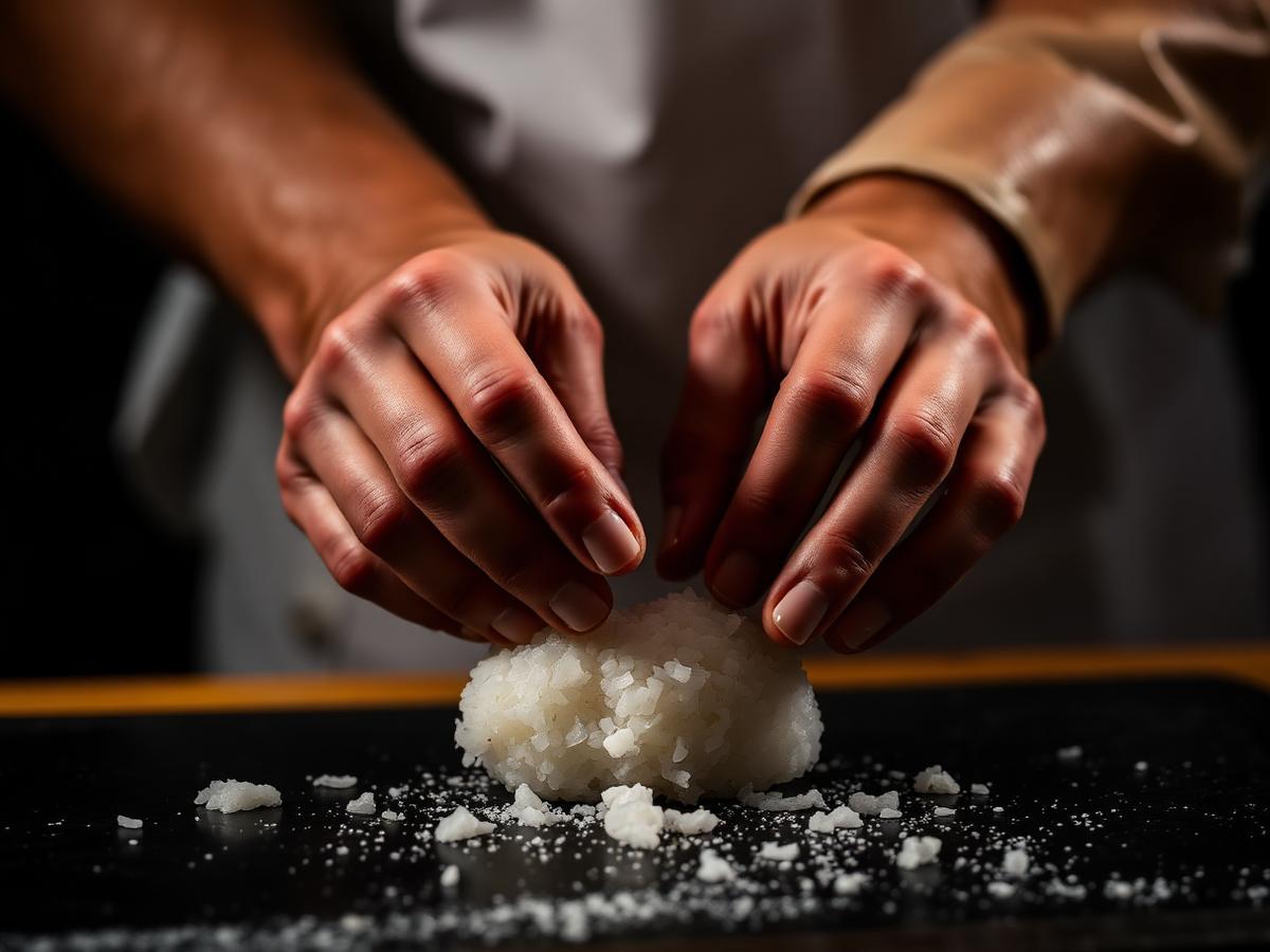 Chef's hands shaping nigiri rice at the counter