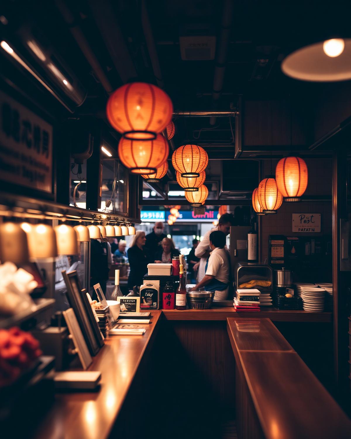 Warm lantern-lit sushi counter inside The Junction Market